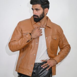 100% Real Tan Leather Jacket with Touch Buttons - Get 10% Off!