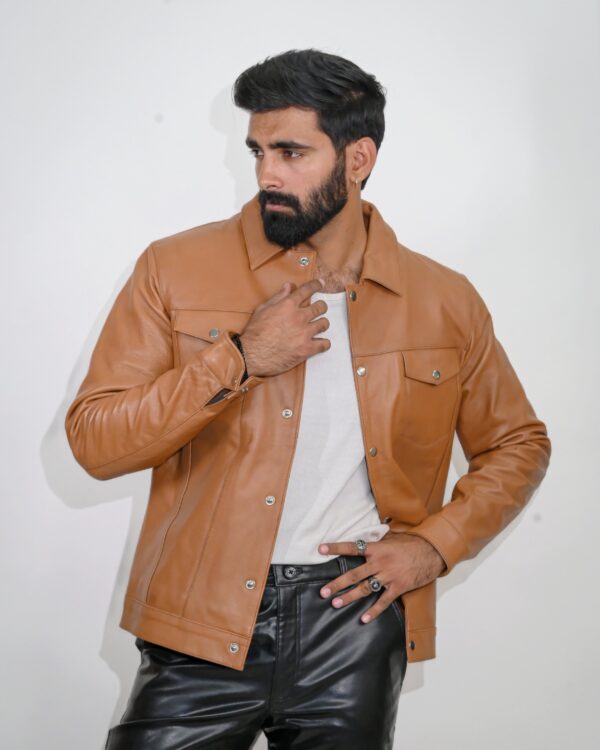 100% Real Tan Leather Jacket with Touch Buttons - Get 10% Off!
