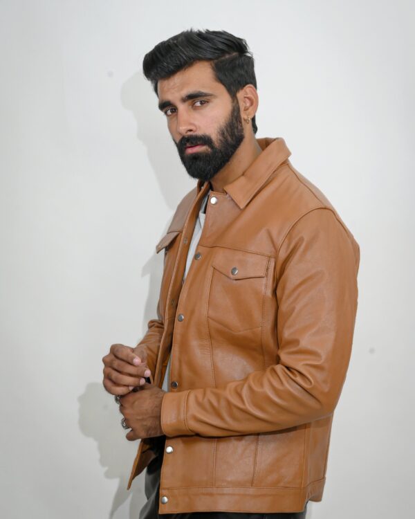 100% Real Tan Leather Jacket with Touch Buttons - Get 10% Off! - Image 2
