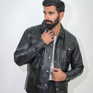100% Real Black Leather Jacket with Touch Buttons