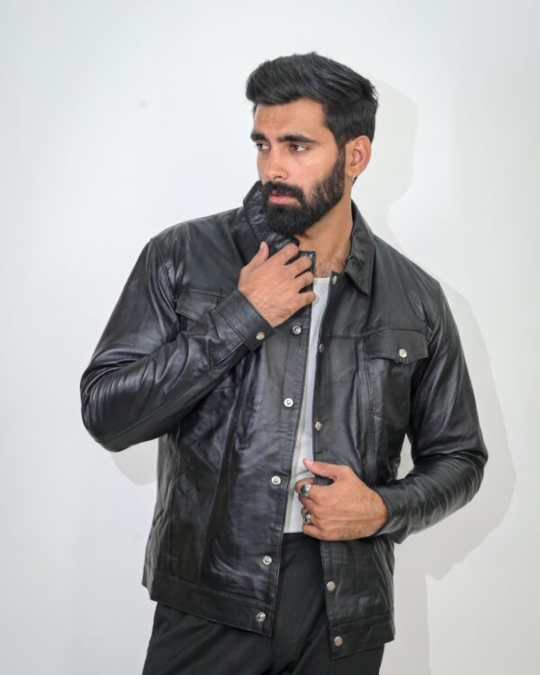 100% Real Black Leather Jacket with Touch Buttons