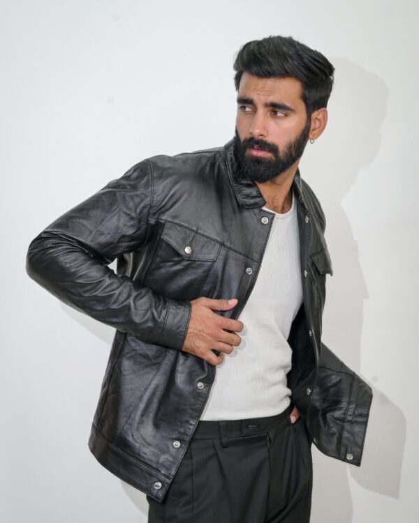 100% Real Black Leather Jacket with Touch Buttons - Image 3