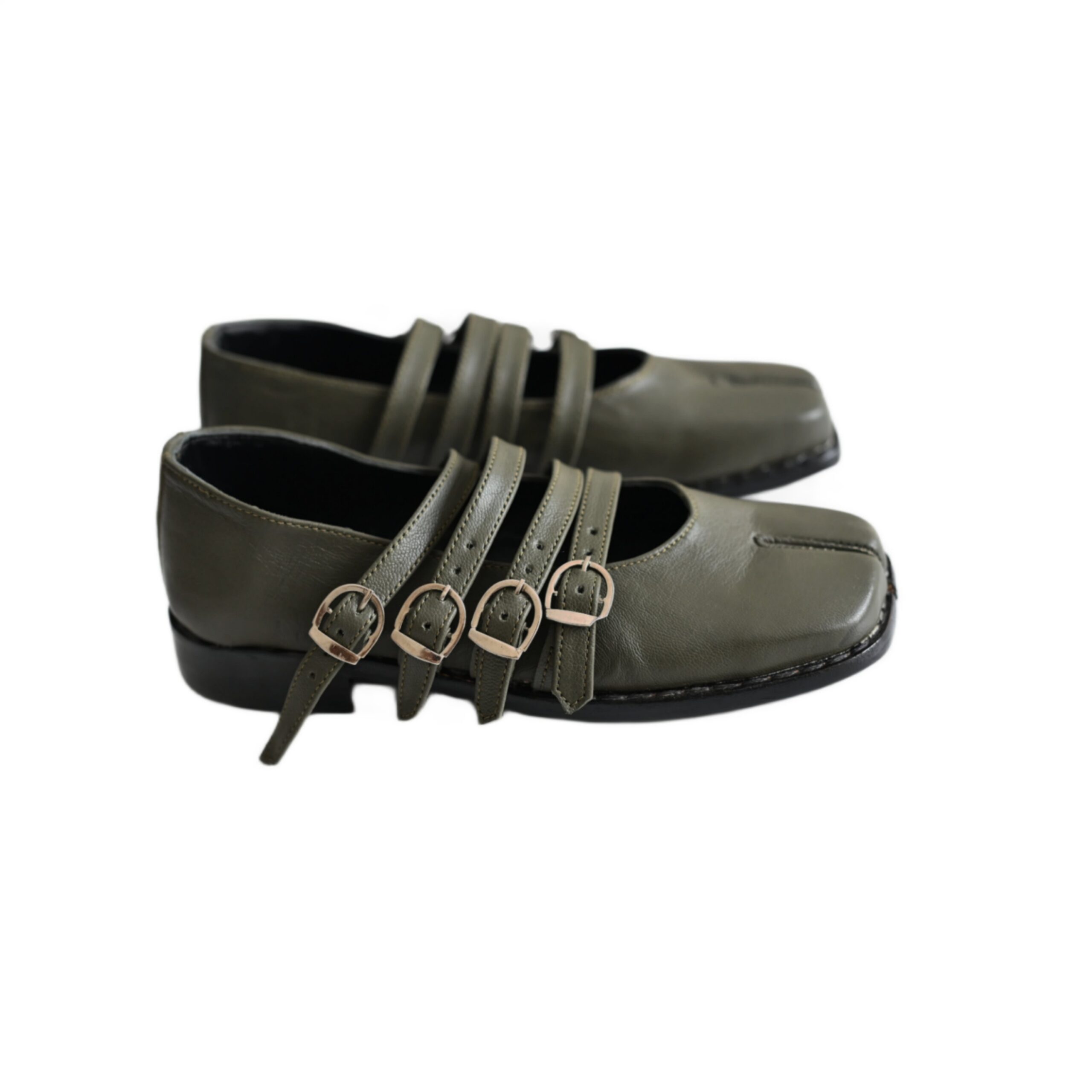 Women’s Tabi Ballets with Four Straps | Olive Green Leather Flats