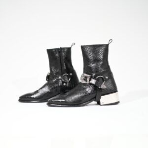 Black Textured Leather Harness Boots for Men | Cuban Heel Ankle Boots