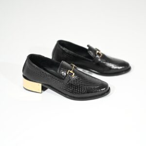 Black Textured Leather Loafers with Metal Heel | Luxury Statement Shoes
