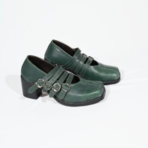 Green Leather Tabi Shoes with Straps | Split Toe Heeled Tabi