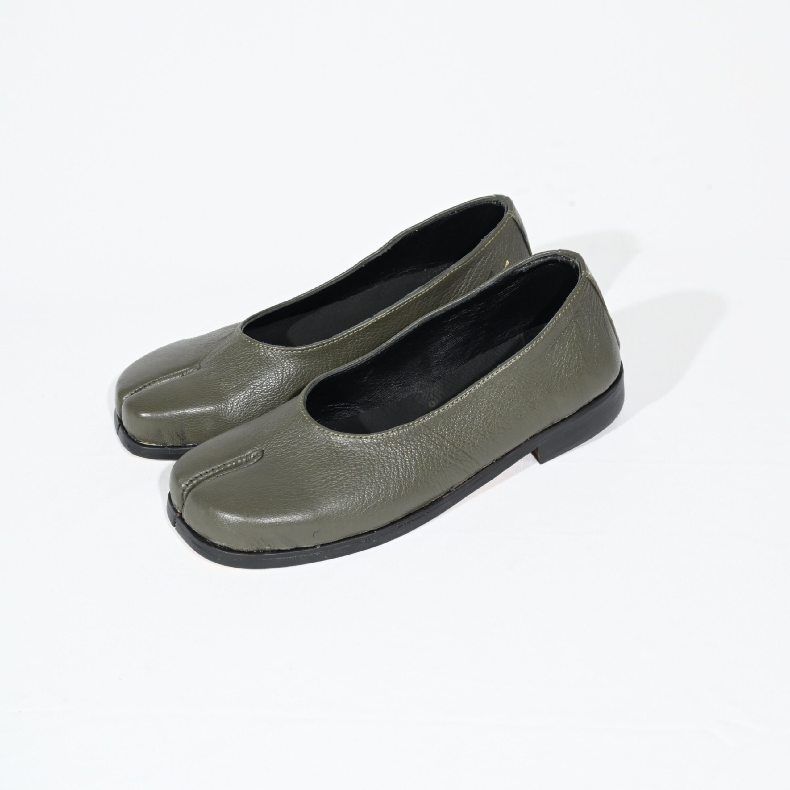Olive Green Leather Tabi Flats | Split Toe Minimal Ballet Shoes - Image 2