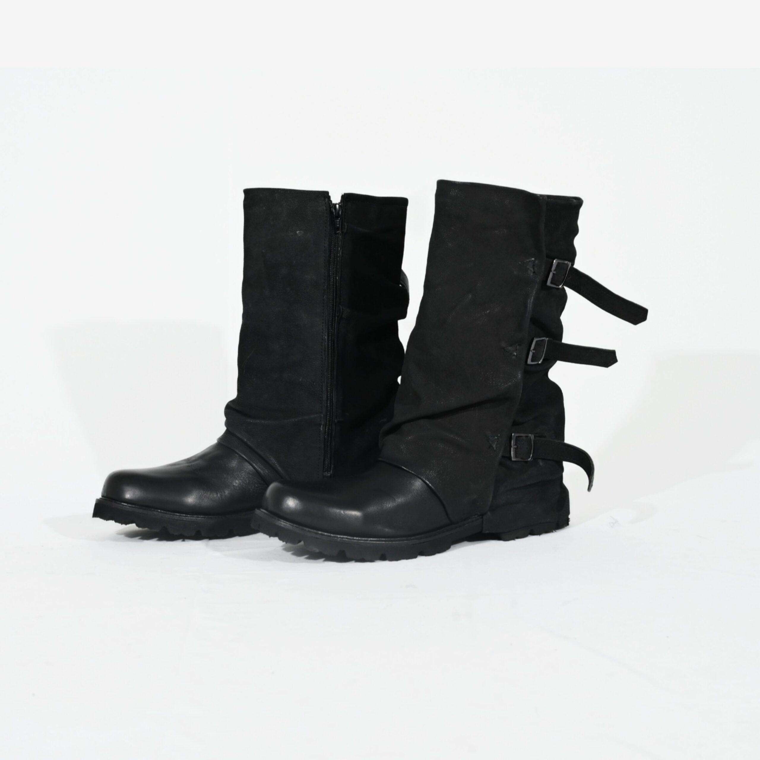 Black Leather Mid-Calf Buckle Boots | Rugged Utility Style Boots - Image 3