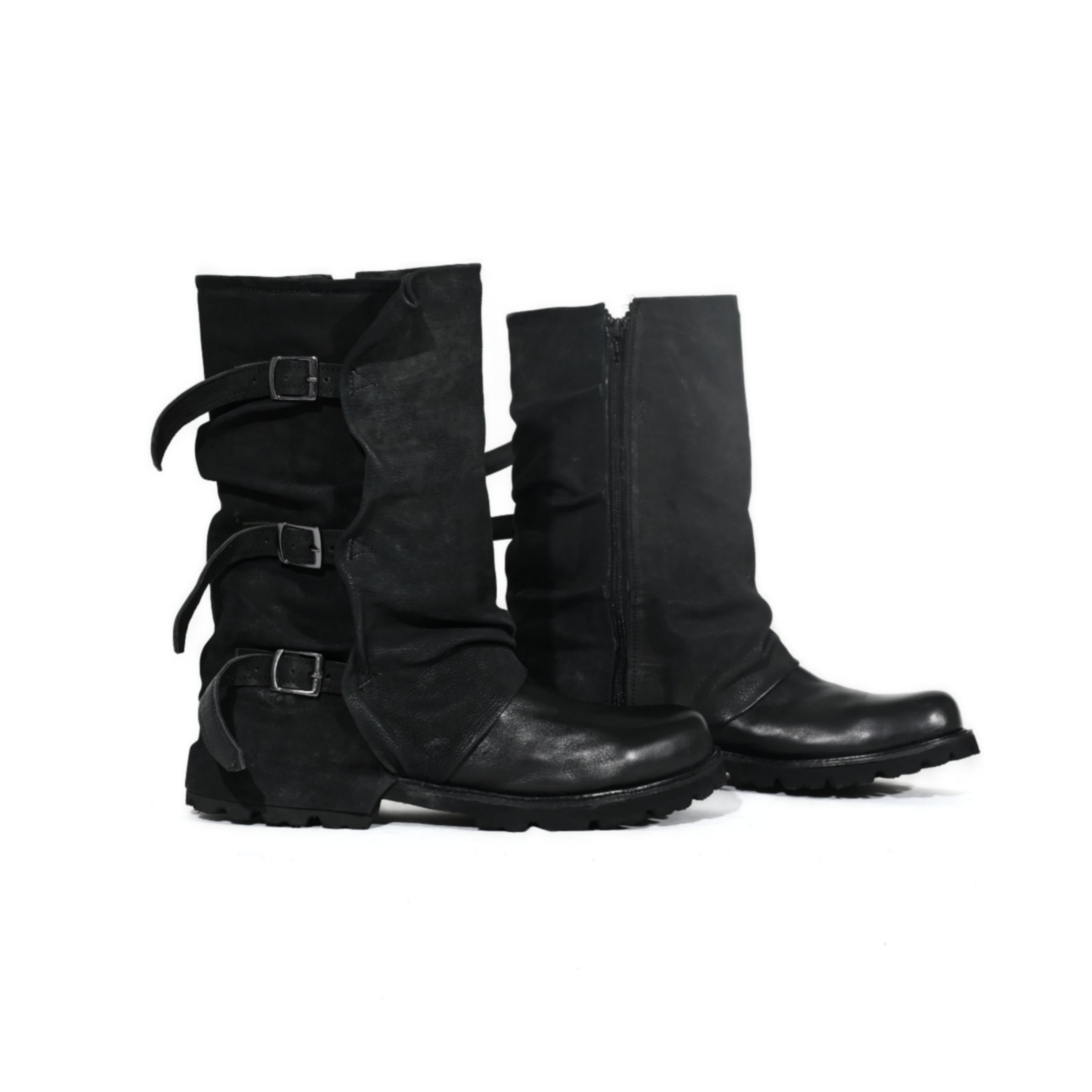 Black Leather Mid-Calf Buckle Boots | Rugged Utility Style Boots