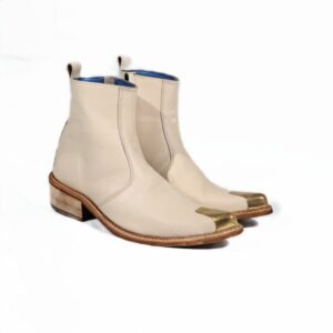 White Brass-Toe Cuban Heel Leather Boots