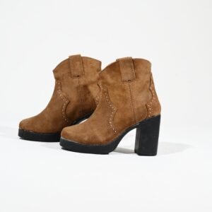 Tan Suede Leather Western Heeled Ankle Boots